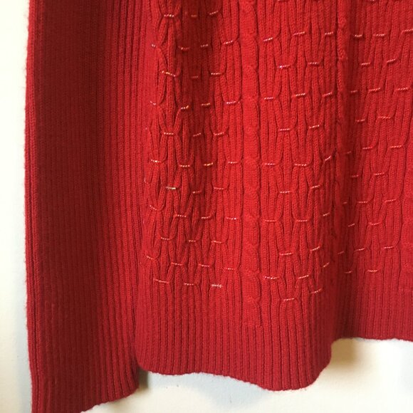 Vintage 80s Cherry Red Cable Knit Beaded Ribbed Sleeve Sweater - Picture 4 of 16